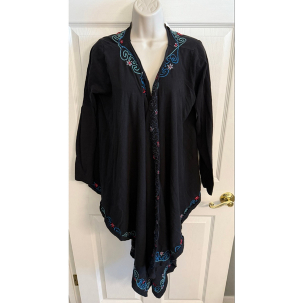 Caite Anthropologie Boho Embroidered Flowy Cardigan Black/Floral SM